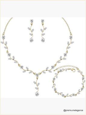 Leaf Cubic Zirconia Bridal Jewelry Set - Necklace Earrings Bracelet